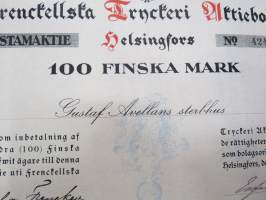 Frenckellska Tryckeri Aktiebolaget, Helsingfors 1920, Stamaktie nr 4241, 100 Fmk, Gustaf Avellans Sterbhus -osakekirja / share certificate