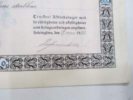 Frenckellska Tryckeri Aktiebolaget, Helsingfors 1920, Stamaktie nr 4241, 100 Fmk, Gustaf Avellans Sterbhus -osakekirja / share certificate