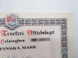 Frenckellska Tryckeri Aktiebolaget, Helsingfors 1920, Stamaktie nr 4241, 100 Fmk, Gustaf Avellans Sterbhus -osakekirja / share certificate