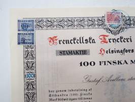 Frenckellska Tryckeri Aktiebolaget, Helsingfors 1920, Stamaktie nr 4241, 100 Fmk, Gustaf Avellans Sterbhus -osakekirja / share certificate