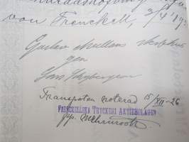 Frenckellska Tryckeri Aktiebolaget, Helsingfors 1920, Stamaktie nr 4241, 100 Fmk, Gustaf Avellans Sterbhus -osakekirja / share certificate