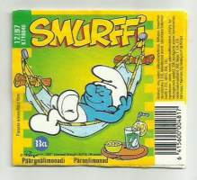 Smurffi Päärynälimonaadi -  juomaetiketti