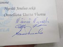 Vuorela -joulutervehdys / joulukortti &amp; 60-vuotiskortti, kortissa omakätiset allekirjoitukset Wäinö Vuorela, Pekka Vuorela &amp; Raimo Vuorela