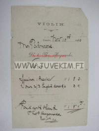 Theo. Heuzenroeder / Fred Palmrose (Palmros, Rauma) -soitto-opetuksen maksukuitti 1910 Gawler, Australia