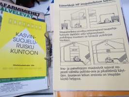 Omakotirakentajan esitekansio noin vuodelta 1980, koko kansiollinen erilaisia rakentamiseen liittyviä esitteitä