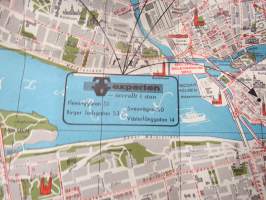 TV-Experten - kaikkialla kaupungilla - Tukholman opas / kartta, kodinkoneliikkeen opas / kartta Suomesta tuleville turisteille 1950-luvulta