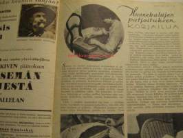 Kotiliesi 1933 nr 19 Lokakuu. Kansikuva Rudolf Koivu. Hatanpään siirtolapuutarha-alueesta koko aukeaman kuvasarja vuodelta 1933. Runsaasti mainoksia, muotia ja