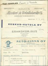 T:mi Juhola, Hämeen Moottori- ja Urheilutarvike, Keskus-Autola, Auto-Linna, Sähkökorjaus - firmalomake 5 eril 1951 Hämeenlinna