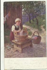 Pikku pyykkäri  - postikortti  lapsipostikortti kulkenut 1918