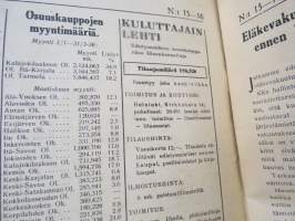 Kuluttajain Lehti 1936 nr 15-16, &quot;Moskova&quot;-kortti edistysmielistä osuuskauppaa vastaan, OTK puvut, Singapore - ihmistyyppejä ja muotia, Suomalaisesta aapeluksesta...