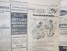 Kuluttajain Lehti 1936 nr 15-16, &quot;Moskova&quot;-kortti edistysmielistä osuuskauppaa vastaan, OTK puvut, Singapore - ihmistyyppejä ja muotia, Suomalaisesta aapeluksesta...