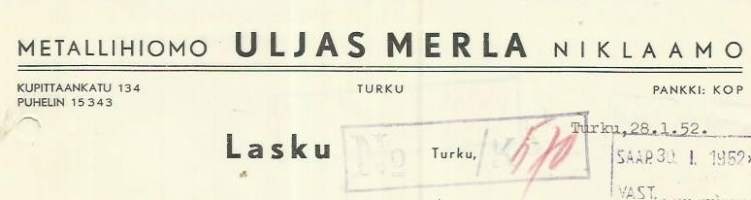 Uljas Merla Metallihiomo, Niklaamo  Turku 1952 - firmalomake