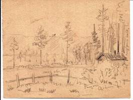 Aarne Lamminen, Suojärvi , luonnos lyijykynäpiirros,  sotareissulta 13x17 cm