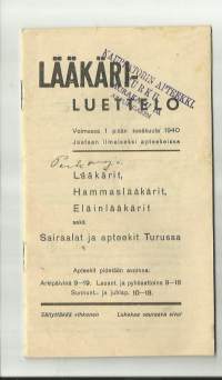 Turun Lääkäriluettelo  1940- lääkärit, hammaslääkärit, eläinlääkärit, sairaalat ja apteekit