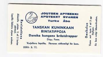 Joutsen Apteekki Tanskan kuninkaan rintatippoja - apteekkietiketti