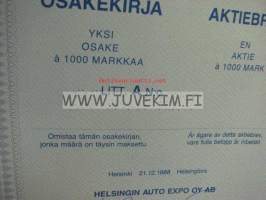 Helsingin Auto Expo Oy, Helsinki 1988, 1 000 mk -osakekirja