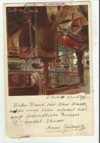 Catuss aus  Lubeck Panorama - paikkakuntakortti  postikortti -  kulkenut 1899