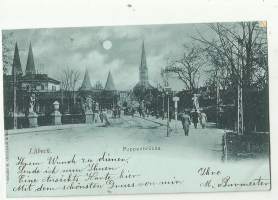 Lübeck  Puppenbrucke - paikkakuntakortti  postikortti -  kulkenut 1898 merkki pois