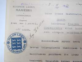 H.G. Snellman - maanviljelijä, Iisalmi - Kuopion Lääninhallitus - Oulun läänin maaherra, allekirjoitus Gustaf Ignatius -verotuksen toimeenpanoasiakirja