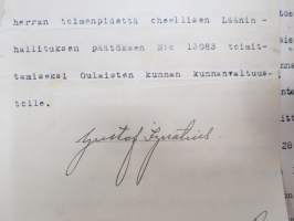 H.G. Snellman - maanviljelijä, Iisalmi - Kuopion Lääninhallitus - Oulun läänin maaherra, allekirjoitus Gustaf Ignatius -verotuksen toimeenpanoasiakirja