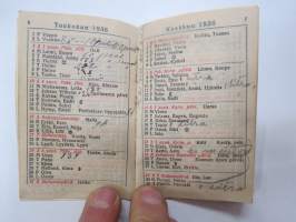 Turun Sanomain onnenkalenteri 1936, kannessa olympiarenkaat, sisäkansissa toimitalokuvat -calendar