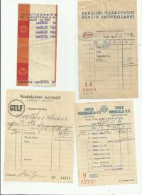 Gulf,Esso , Shell  ja Turun Autohalli  huoltoasemakuitti alk 1940 - luvulta - firmalomake  4 eril