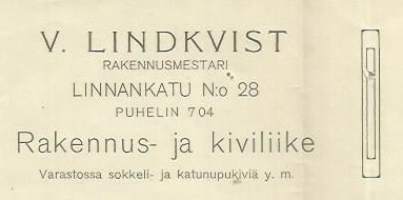 V Lindkvist Rakennus- ja kiviliike Turku 1912 - 14 firmalomake
