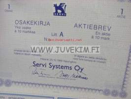 Servi Systems Oy, Helsinki 1989, 10 mk -osakekirja