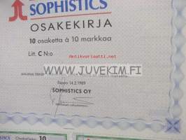 Sophistics Oy, Helsinki 1989, 100 mk -osakekirja