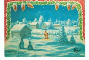 Joulukortti Terho Peltoniemi / maalaismaisema. Kulkenut 1992, kortissa  joulumerkki Karkkilan kirkon lasimaalaus. Merkin arvo 2.10 sm, +  2x20p leijona merkit