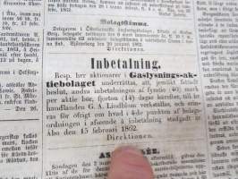 Åbo Underrättelser, torsdagen den 27 Februari 1862, Gaslysnings-aktiebolaget, Maskerad i f.d. Borgerliga klubbinrättningslokal, runsaasti uutisia ja ilmoituksia