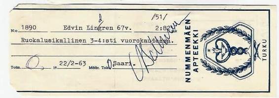 Nummenmäen Apteekki  , resepti  signatuuri   1962