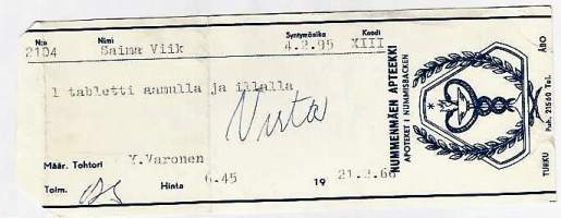 Nummenmäen Apteekki  , resepti  signatuuri   1966