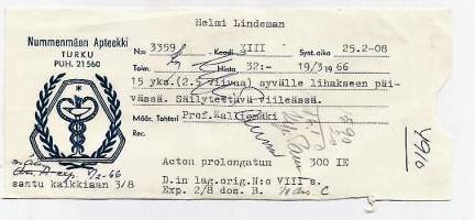 Nummenmäen Apteekki  , resepti  signatuuri   1966