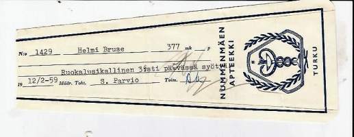 Nummenmäen Apteekki  , resepti  signatuuri   1959