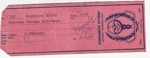 Nummenmäen Apteekki  , resepti  signatuuri   1965
