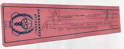 Nummenmäen Apteekki  , resepti  signatuuri   1963