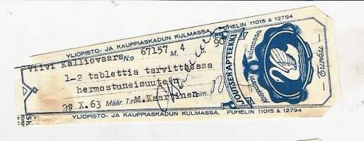 Joutsen Apteekki   , resepti  signatuuri  pieni 1963
