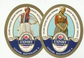Tanskalaisia kansallisoukuja 2 kpl erä 5 / Export Beer Klass A olutetiketti