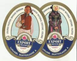 Tanskalaisia kansallisoukuja 2 kpl erä 12/ Export Beer Klass A olutetiketti