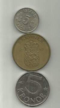 Tanska 2 kr 1947, Islanti 5 kr 1969 ja Ruotsi 5 kr 1992   - ulkomainen kolikko 3 kpl