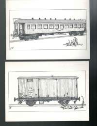 Postikorit junakerääjälle, 4 kpl.  Piirrokset  Eila Meinander,   kopio  kulkeneista vaunuista.  .Kulkemattomia.