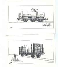 Postikorit junakerääjälle, 4 kpl.  Piirrokset  Eila Meinander,   kopio  kulkeneista vaunuista.  .Kulkemattomia.