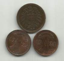 Saksa  pf 1875A  ja 2 kpl 1 pf 1924 -  kolikko yht 3 kpl
