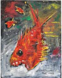 Tuntematon taiteilija , &quot;Piraija&quot; öljymaalaus levylle , sign 1998 kehystämätön  koko 25x20  cm