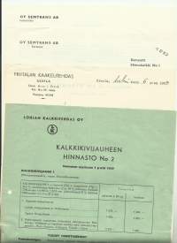 Lohjan Kalkkitehdas Oy, Semtrabs Parainen ja Friitalan Kaakelitehdas  hinnastoja ja asiakaskirjeitä 1959 yht n 4 kpl