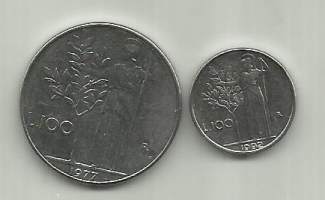 Italia 100 Lira  1977 ja 1992 -  kolikko 2 eril