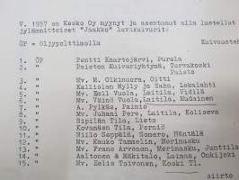 Luettelo Keskon v. 1958 myymistä ja asentamista Sato-, Sinus-, Agro- ja Aki viljankuivaajista + Jaakko lavakuivurit -ostajien listaus eri puolilta Suomea