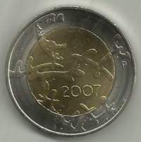 5 euroa 2007  Itsenäisyys - suomalainen kaksoismetalli kolikko  pillerissä