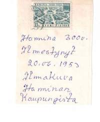 Postimerkki. Hamina 300 vuotta. Ilmakuva Haminan kaupungista. Ilmestynyt 20.06.1953